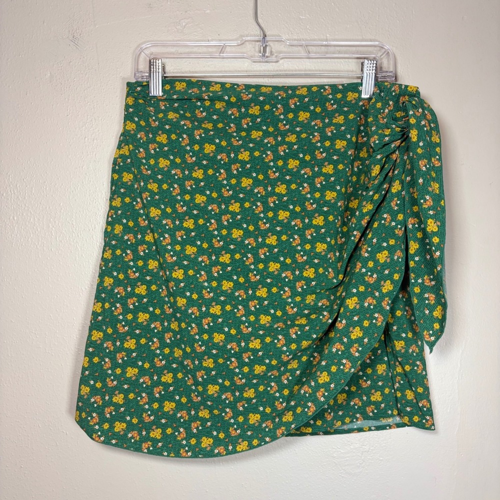Toad&Co Womens Green Floral Faux Wrap Mini Skirt Size M Side Tie Elastic Waist